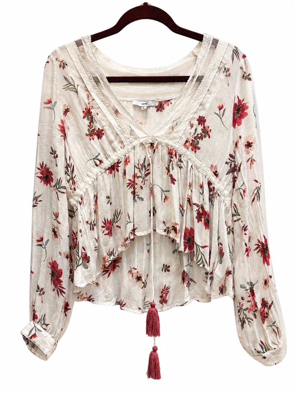 FATE Floral Boho Peasant Lace Long Sleeve Button cuff Tassel Blouse Size Large🌺